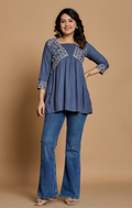 Slate Blue Cotton Embroidered A-Line Kurti Top for Women | Stylish Daily & Office Wear | Flowy Comfortable Fit