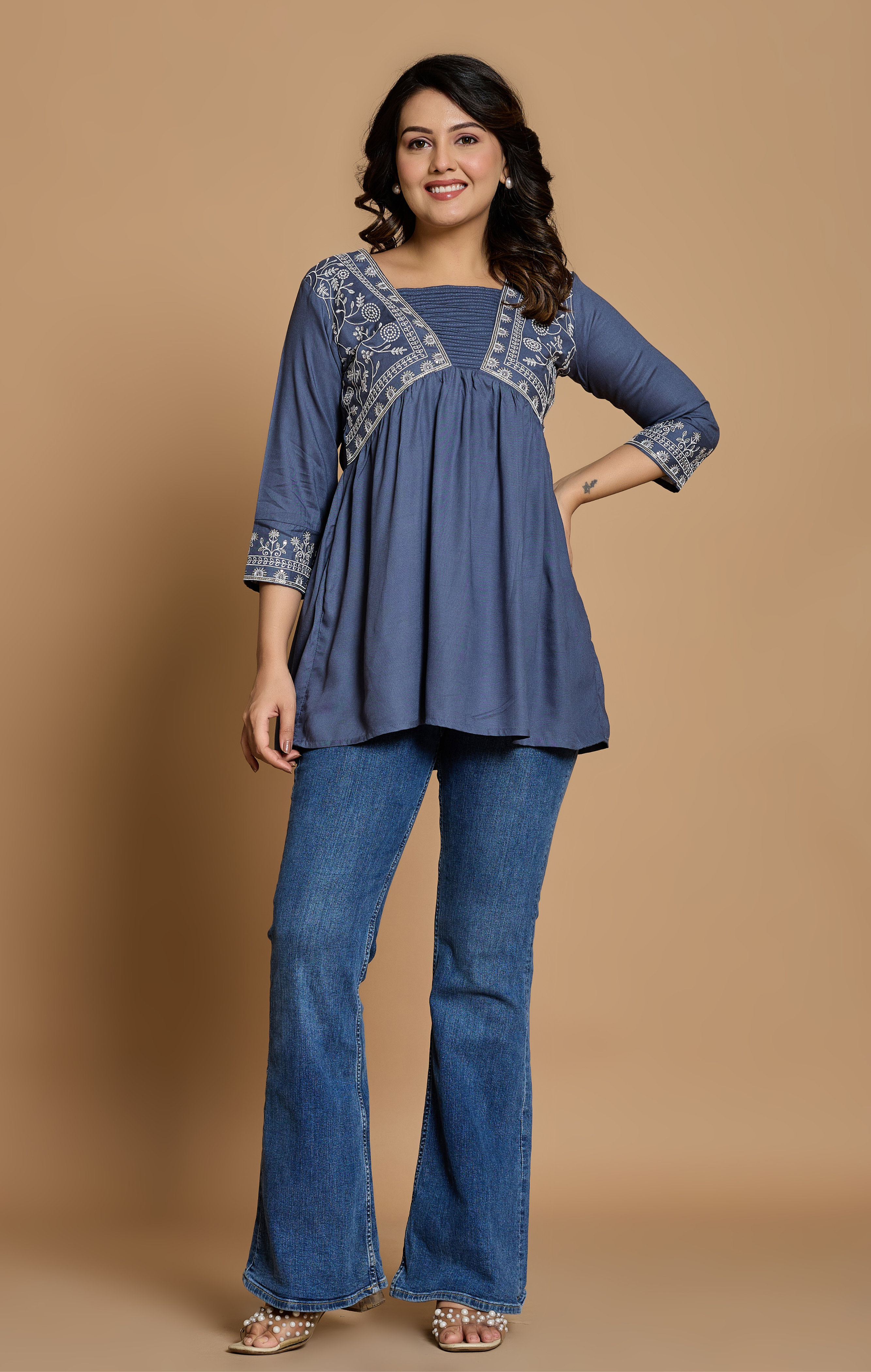 Slate Blue Cotton Embroidered A-Line Kurti Top for Women | Stylish Daily & Office Wear | Flowy Comfortable Fit