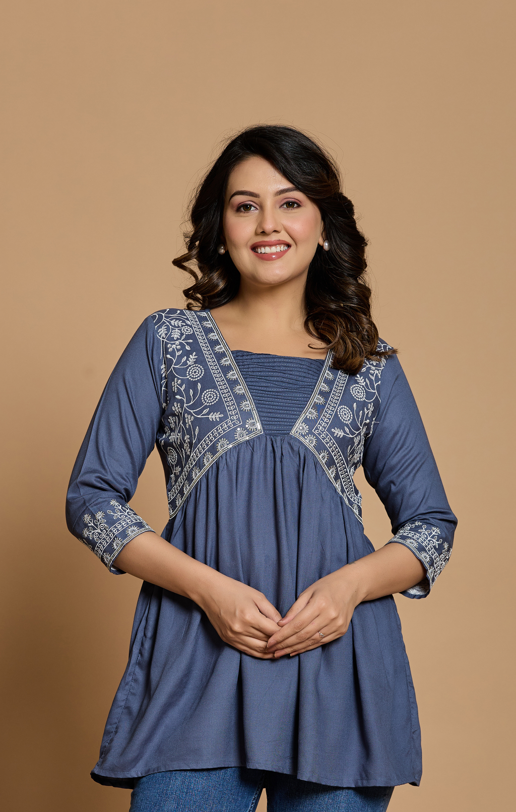 Slate Blue Cotton Embroidered A-Line Kurti Top for Women | Stylish Daily & Office Wear | Flowy Comfortable Fit