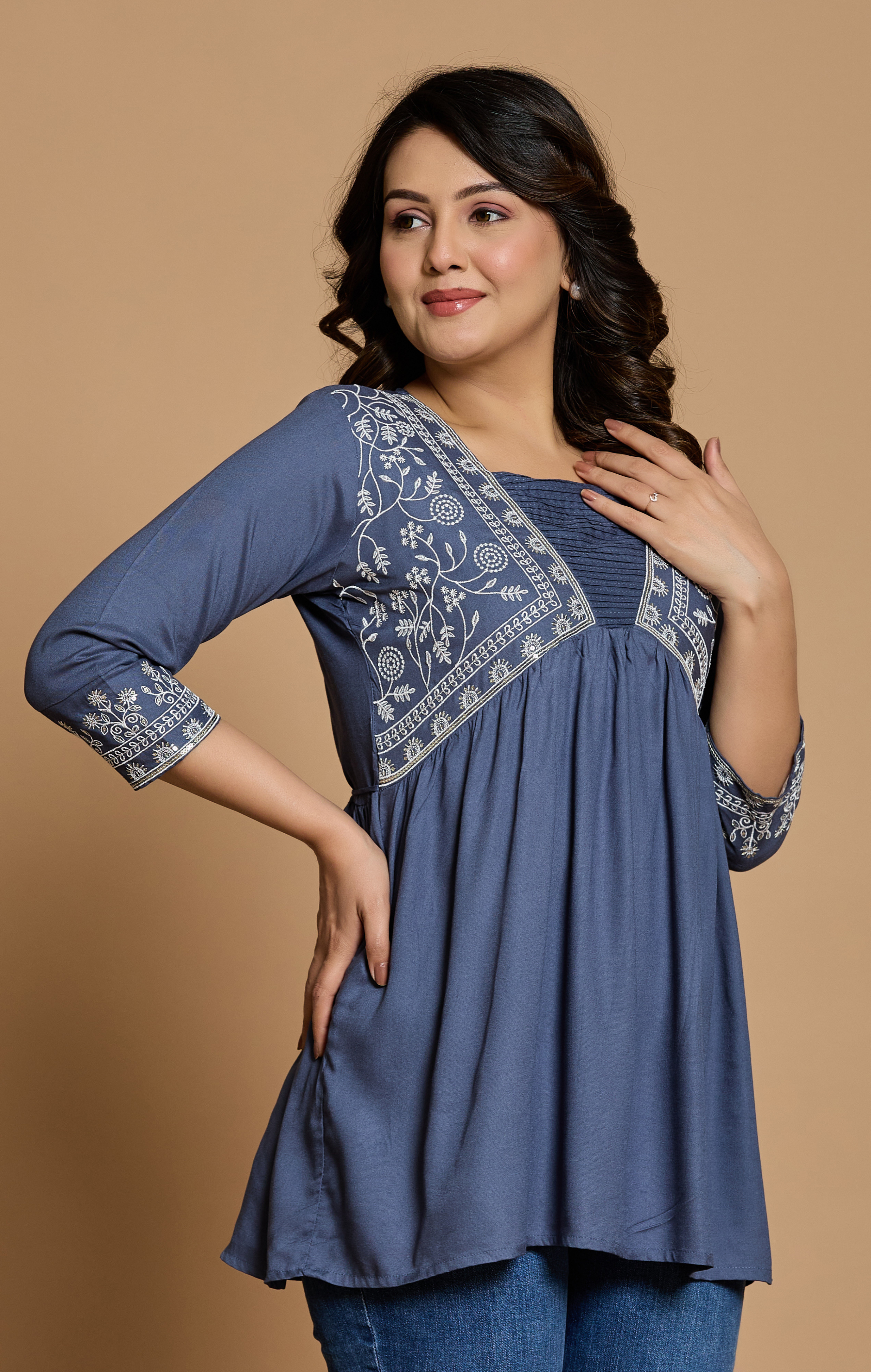 Slate Blue Cotton Embroidered A-Line Kurti Top for Women | Stylish Daily & Office Wear | Flowy Comfortable Fit