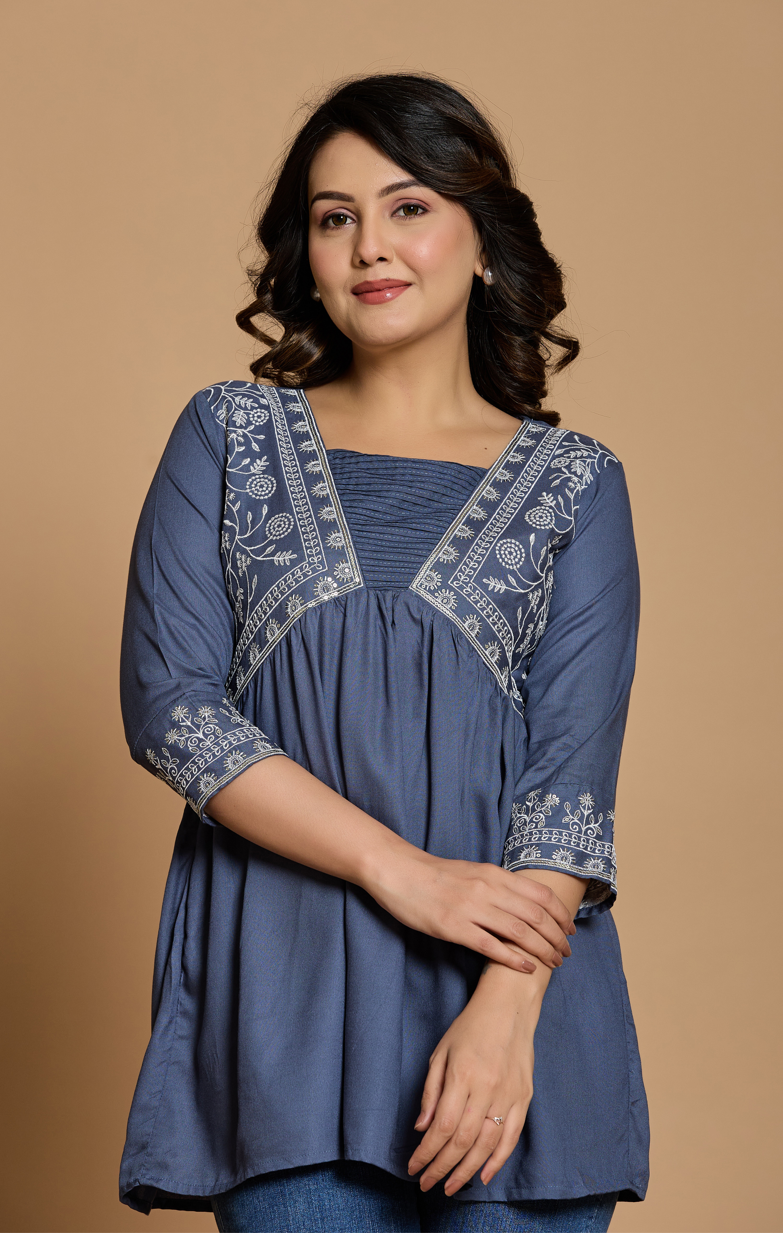 Slate Blue Cotton Embroidered A-Line Kurti Top for Women | Stylish Daily & Office Wear | Flowy Comfortable Fit