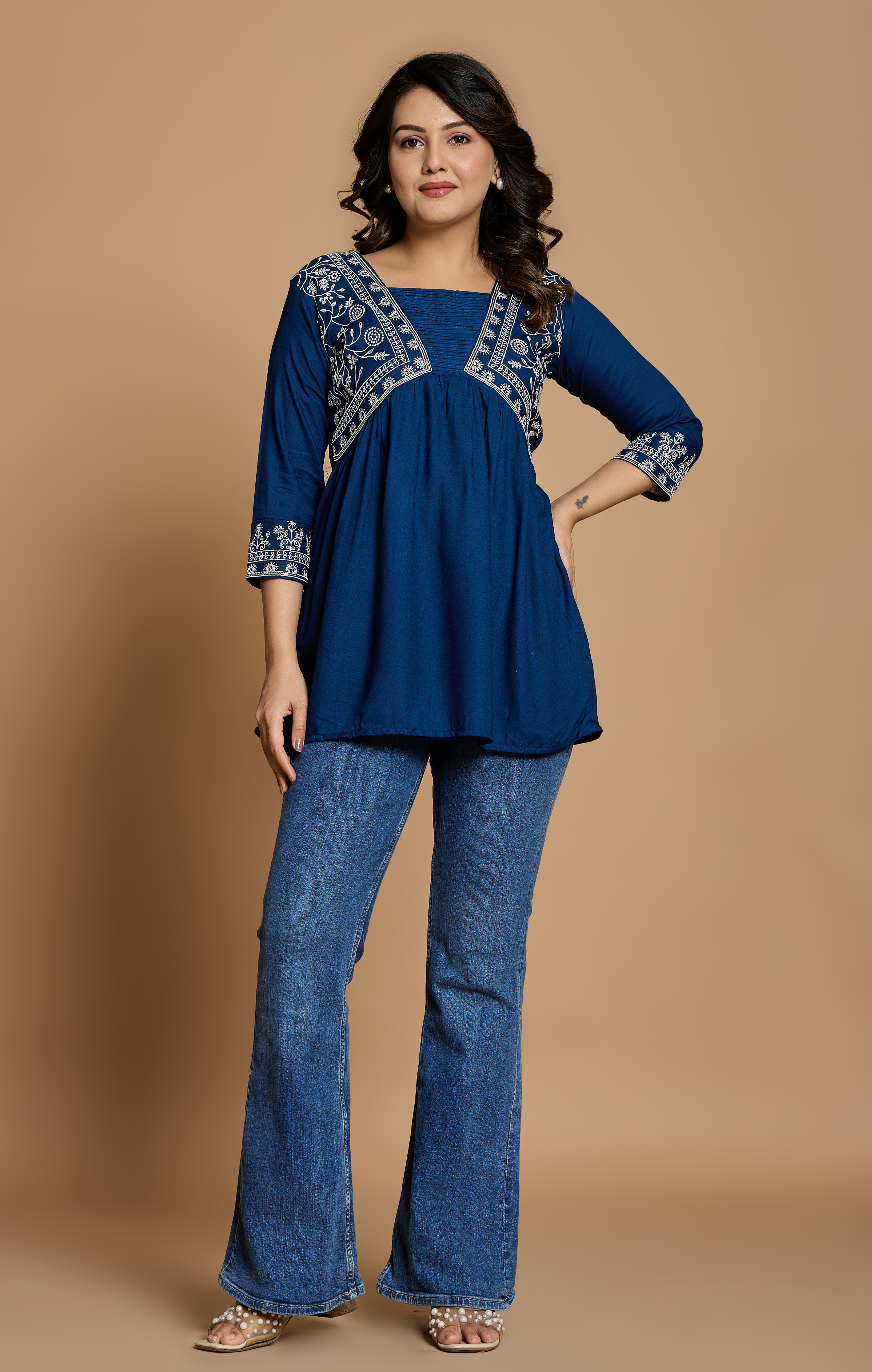 Royal Blue Cotton Embroidered A-Line Kurti Top for Women | Daily Wear & Office Wear | Flowy Comfortable Fit
