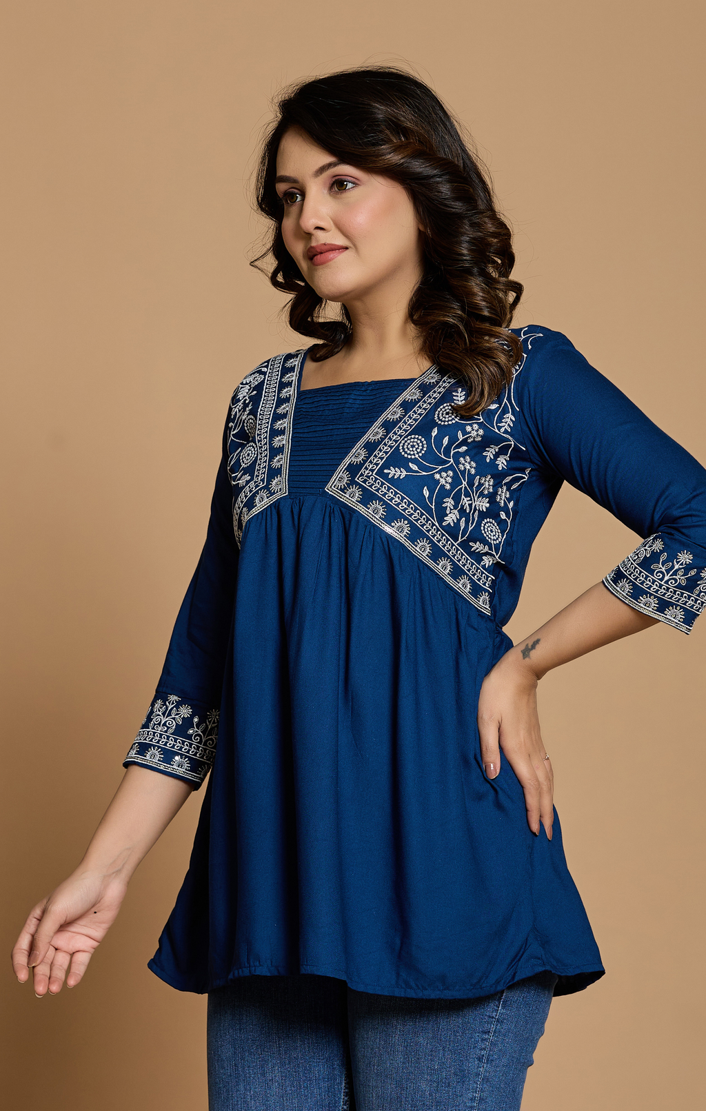 Royal Blue Cotton Embroidered A-Line Kurti Top for Women | Daily Wear & Office Wear | Flowy Comfortable Fit