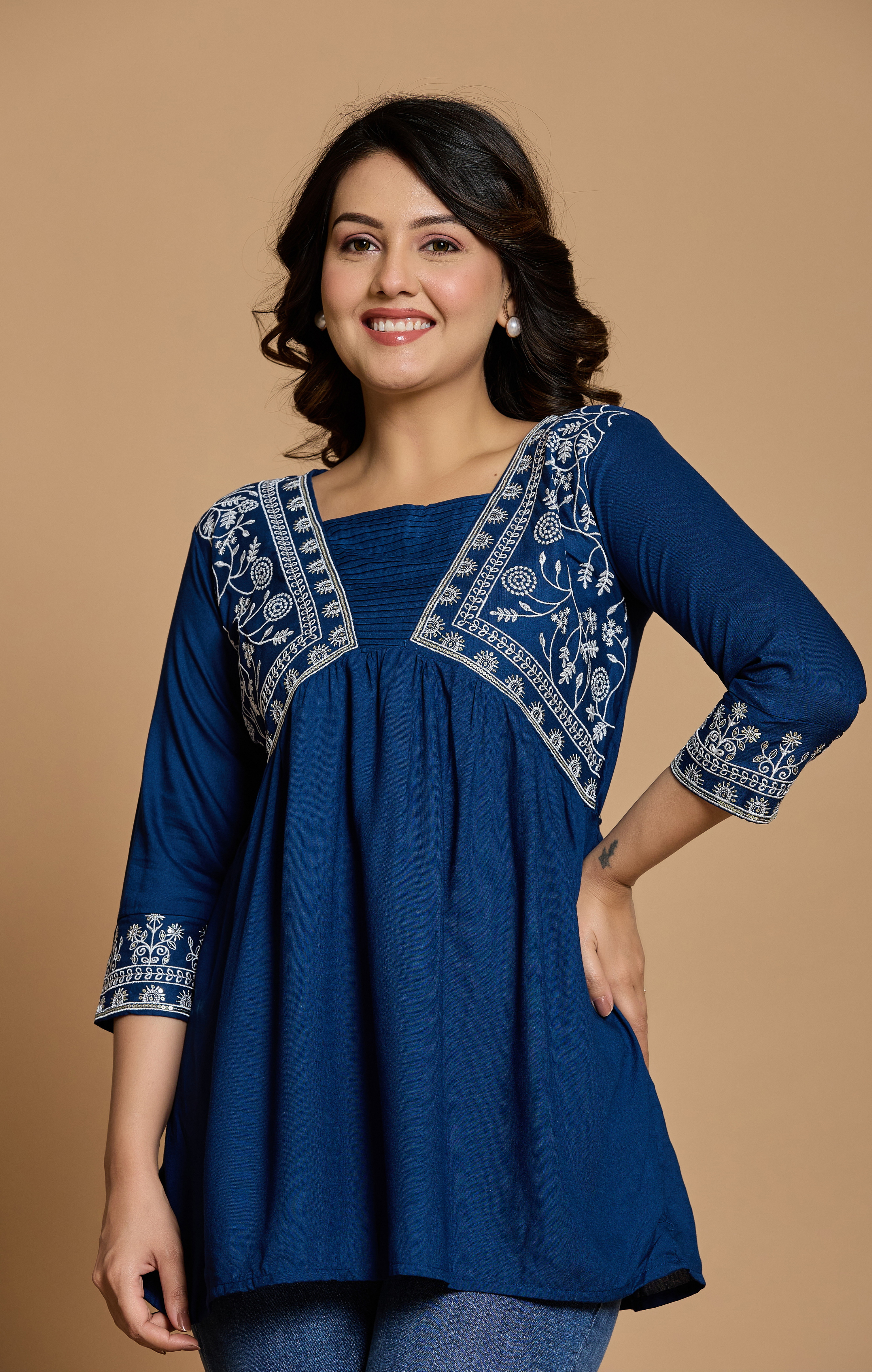 Royal Blue Cotton Embroidered A-Line Kurti Top for Women | Daily Wear & Office Wear | Flowy Comfortable Fit