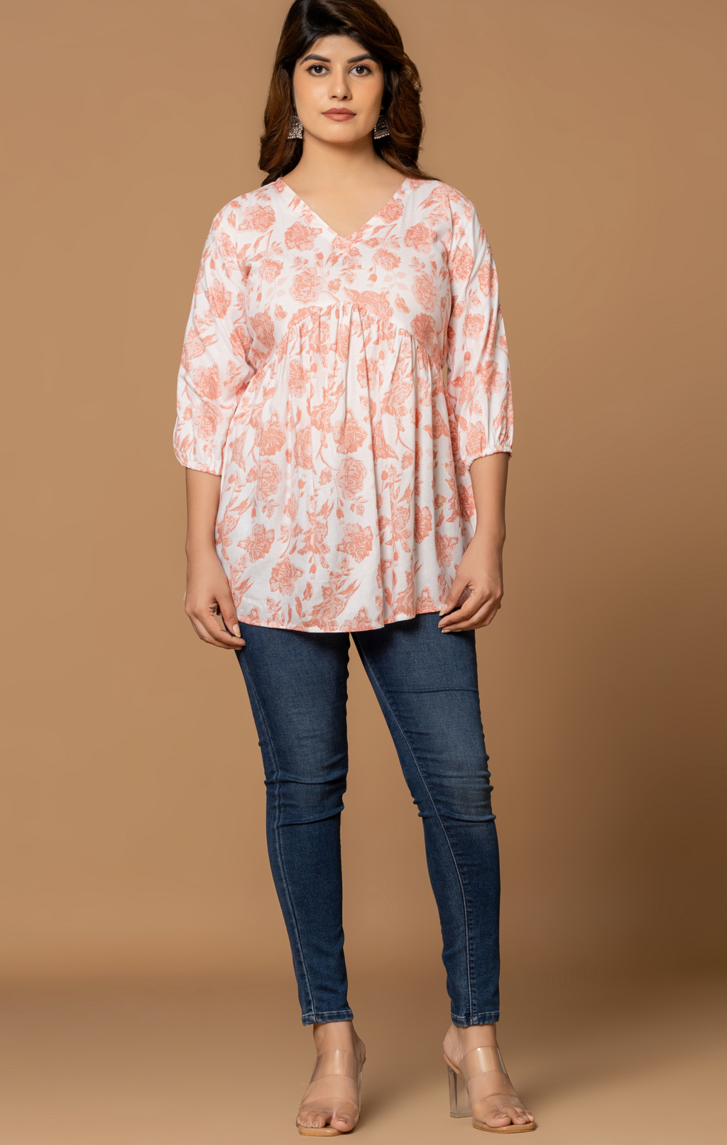 Peach Floral Printed Cotton A-Line Kurti Top for Women | Soft & Comfortable Daily Wear | Casual & Office Style