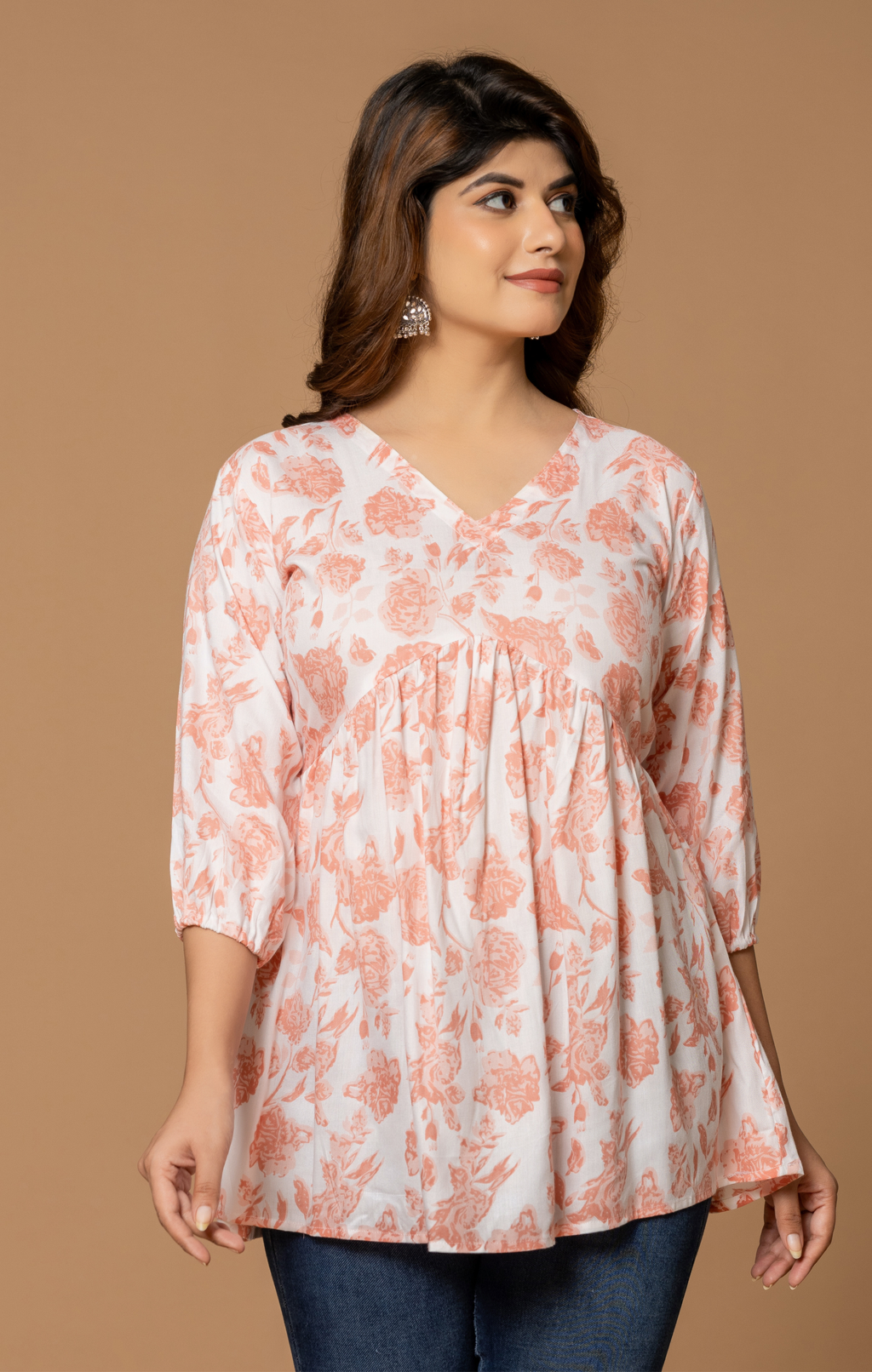 Peach Floral Printed Cotton A-Line Kurti Top for Women | Soft & Comfortable Daily Wear | Casual & Office Style