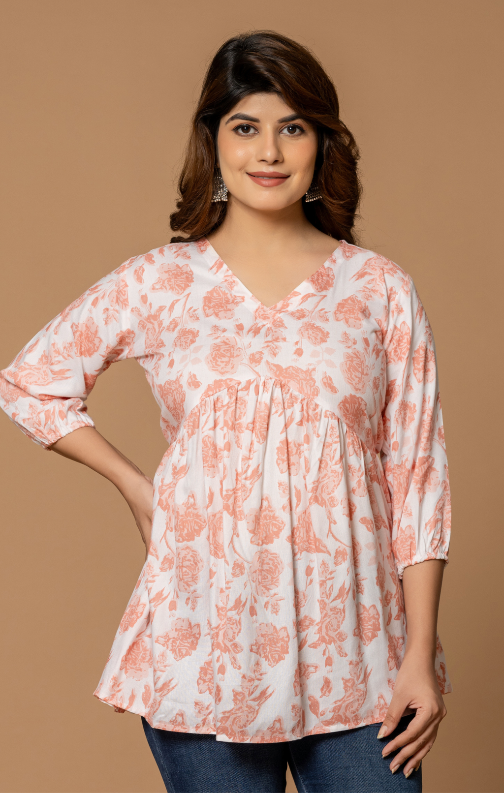 Peach Floral Printed Cotton A-Line Kurti Top for Women | Soft & Comfortable Daily Wear | Casual & Office Style