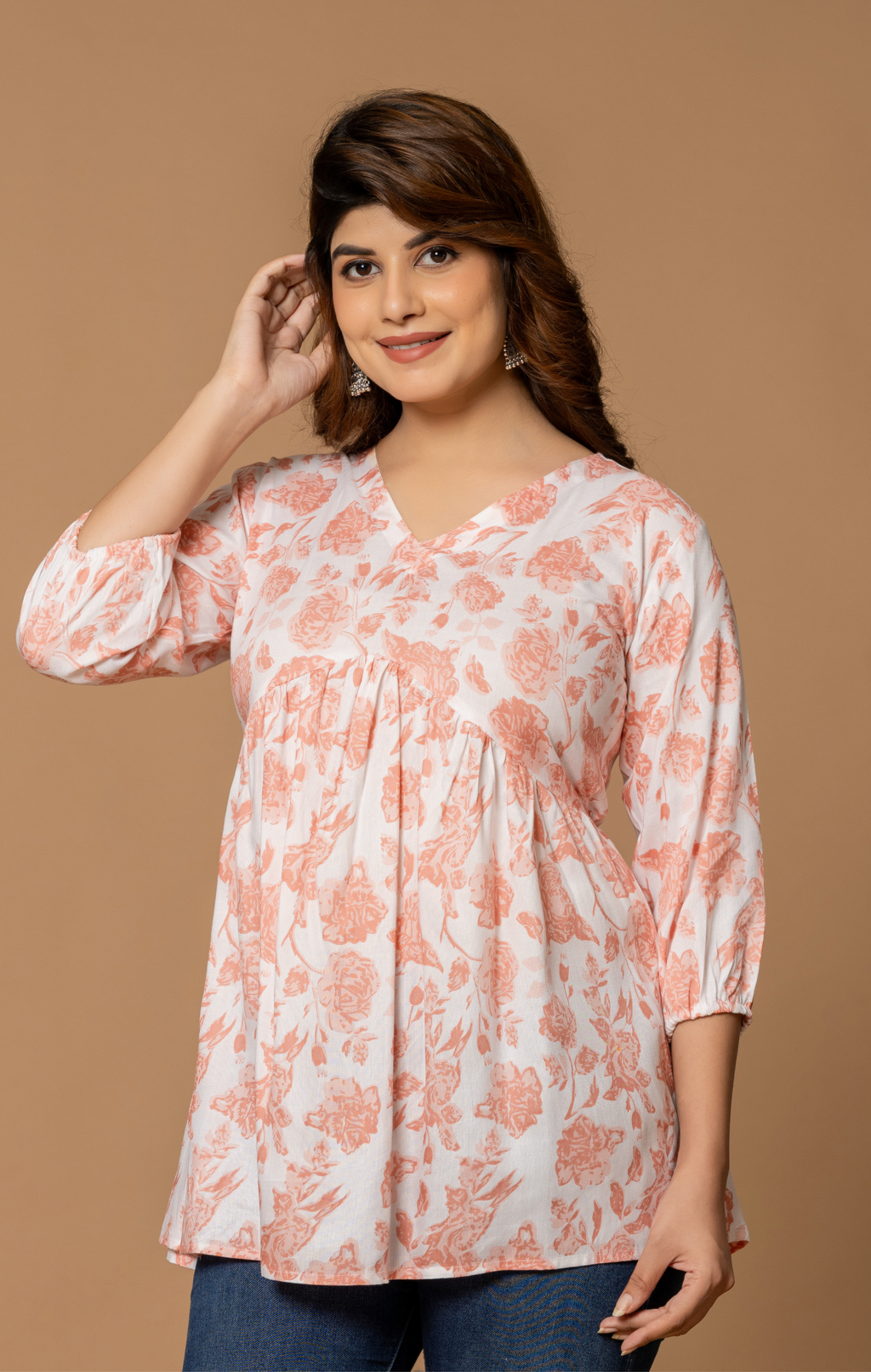 Peach Floral Printed Cotton A-Line Kurti Top for Women | Soft & Comfortable Daily Wear | Casual & Office Style