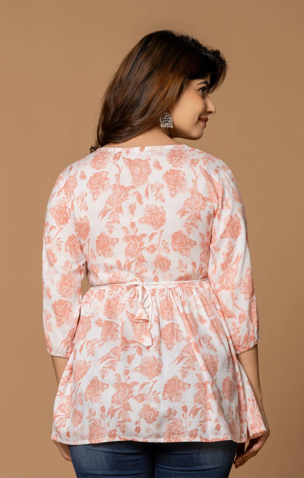 Peach Floral Printed Cotton A-Line Kurti Top for Women | Soft & Comfortable Daily Wear | Casual & Office Style