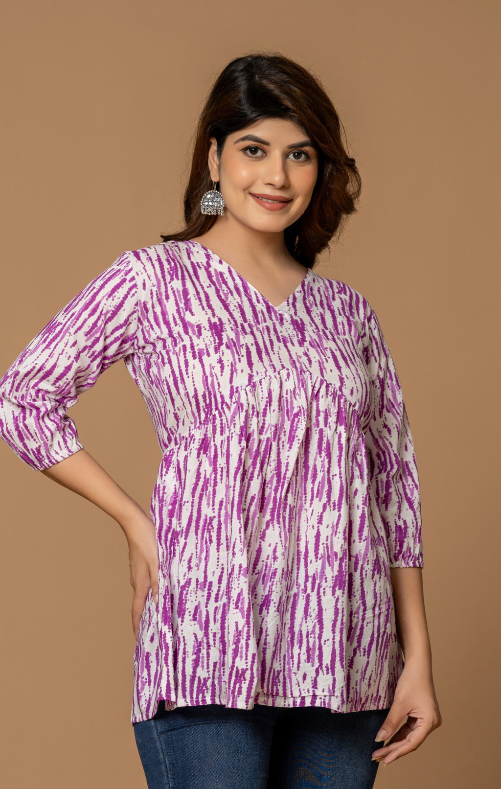 Purple Abstract Printed Cotton A-Line Kurti Top for Women | Soft Daily Wear & Office Casual | Comfortable Fit
