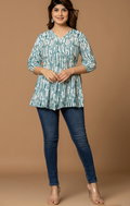 Teal Abstract Printed Cotton A-Line Kurti Top for Women | Soft Daily Wear & Office Casual | Comfortable Fit
