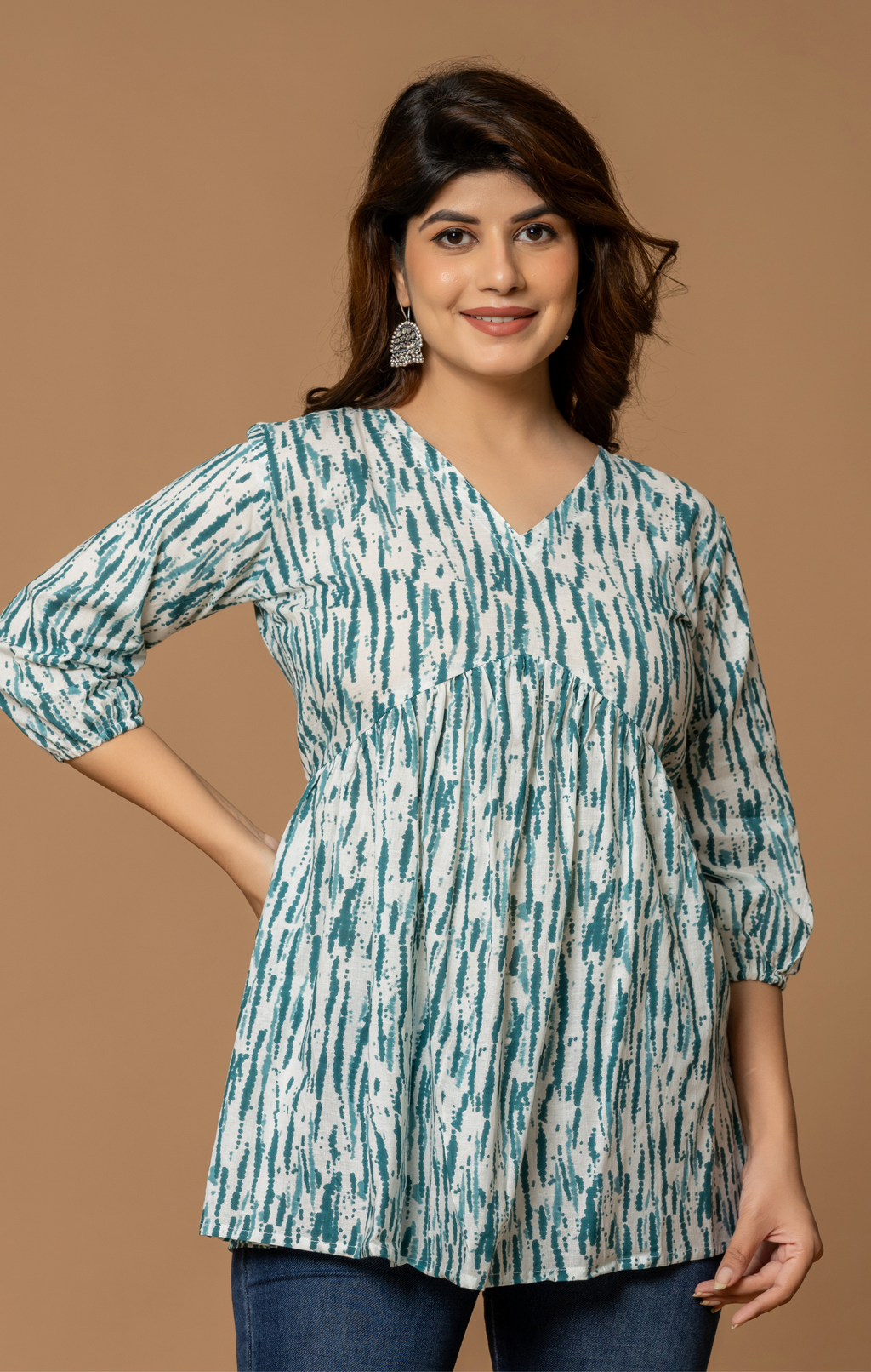 Teal Abstract Printed Cotton A-Line Kurti Top for Women | Soft Daily Wear & Office Casual | Comfortable Fit
