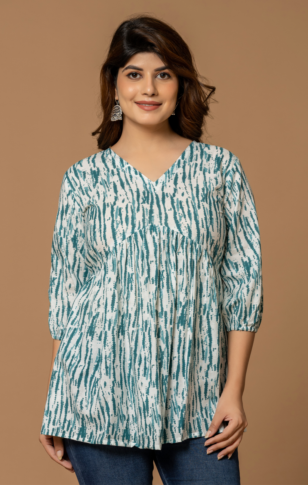Teal Abstract Printed Cotton A-Line Kurti Top for Women | Soft Daily Wear & Office Casual | Comfortable Fit