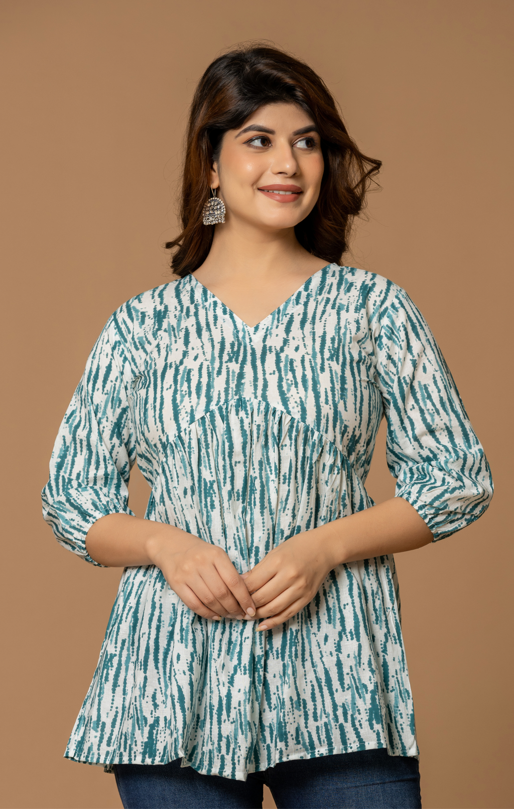 Teal Abstract Printed Cotton A-Line Kurti Top for Women | Soft Daily Wear & Office Casual | Comfortable Fit