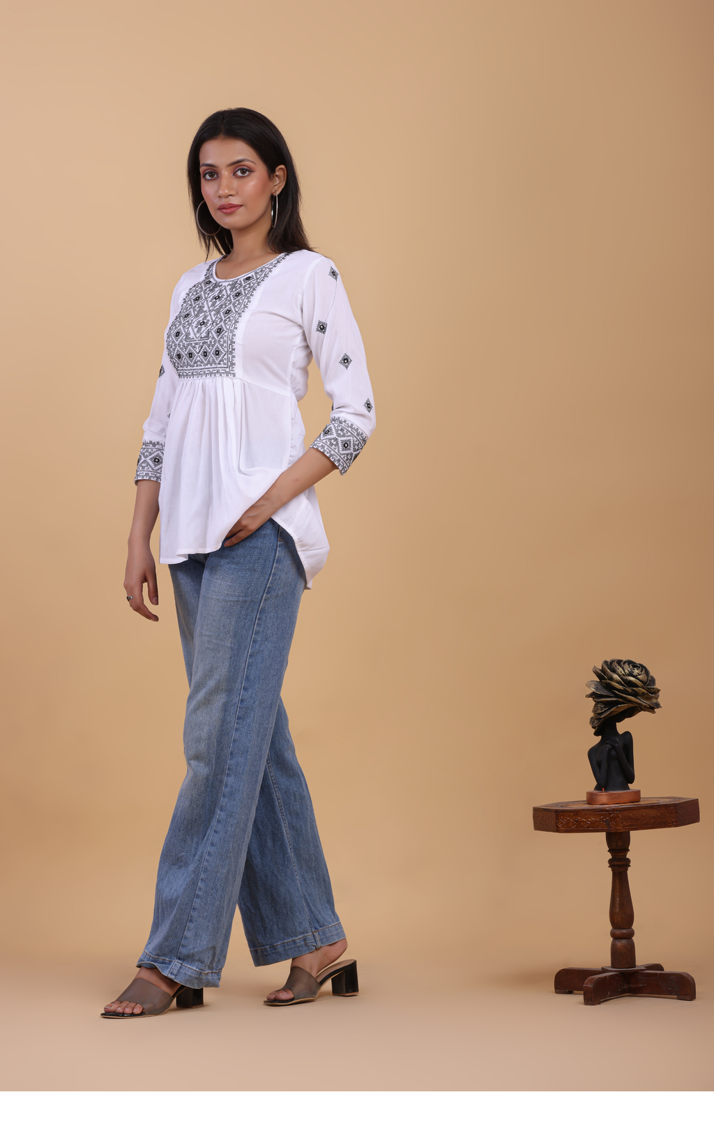 White Cotton Embroidered Boho Kurti Top for Women | Elegant Daily & Office Wear | Soft & Flowy Fit