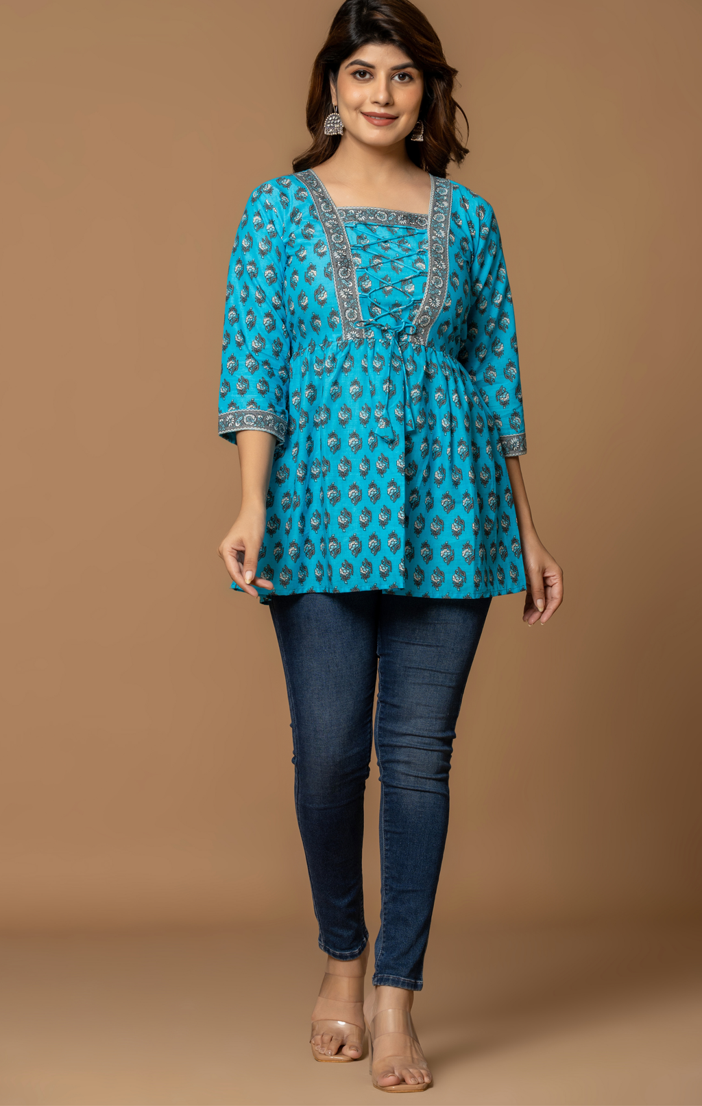 Turquoise Printed Cotton Lace-Up Kurti Top for Women | Boho Chic Daily Wear | Comfortable A-Line Fit