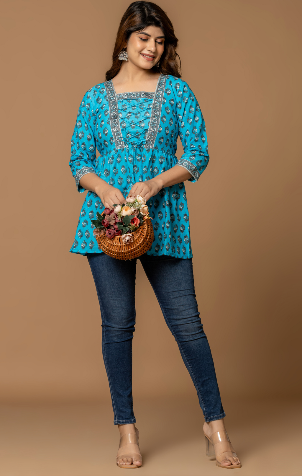Turquoise Printed Cotton Lace-Up Kurti Top for Women | Boho Chic Daily Wear | Comfortable A-Line Fit