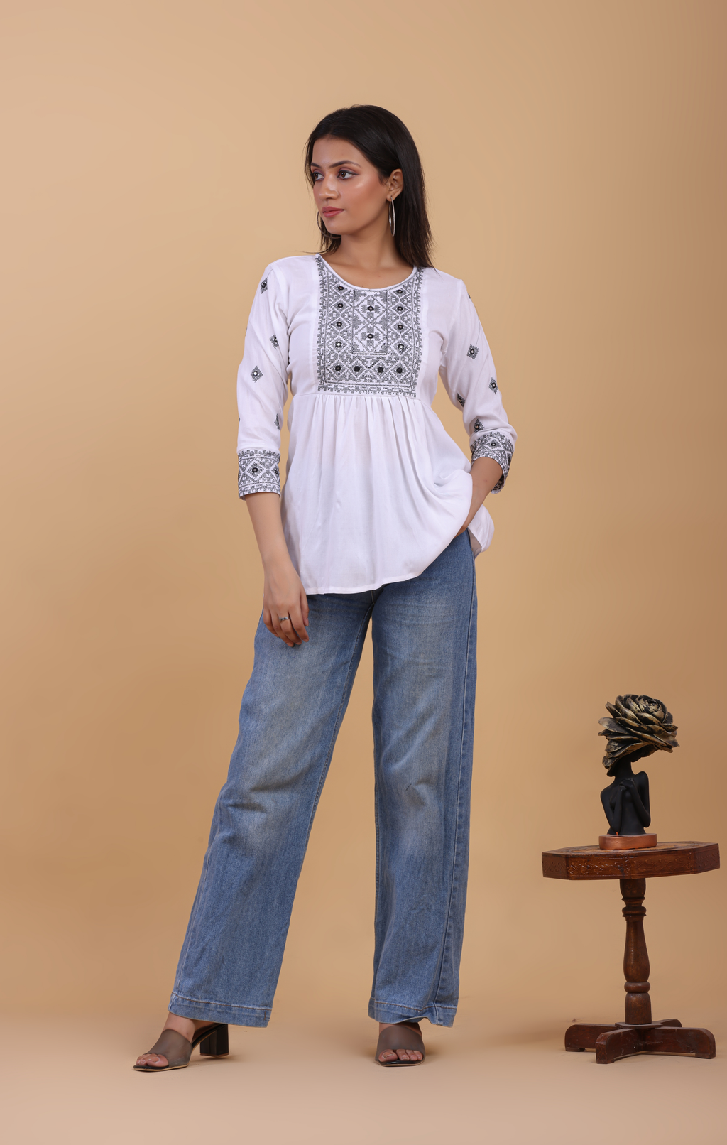 White Cotton Embroidered Boho Kurti Top for Women | Elegant Daily & Office Wear | Soft & Flowy Fit