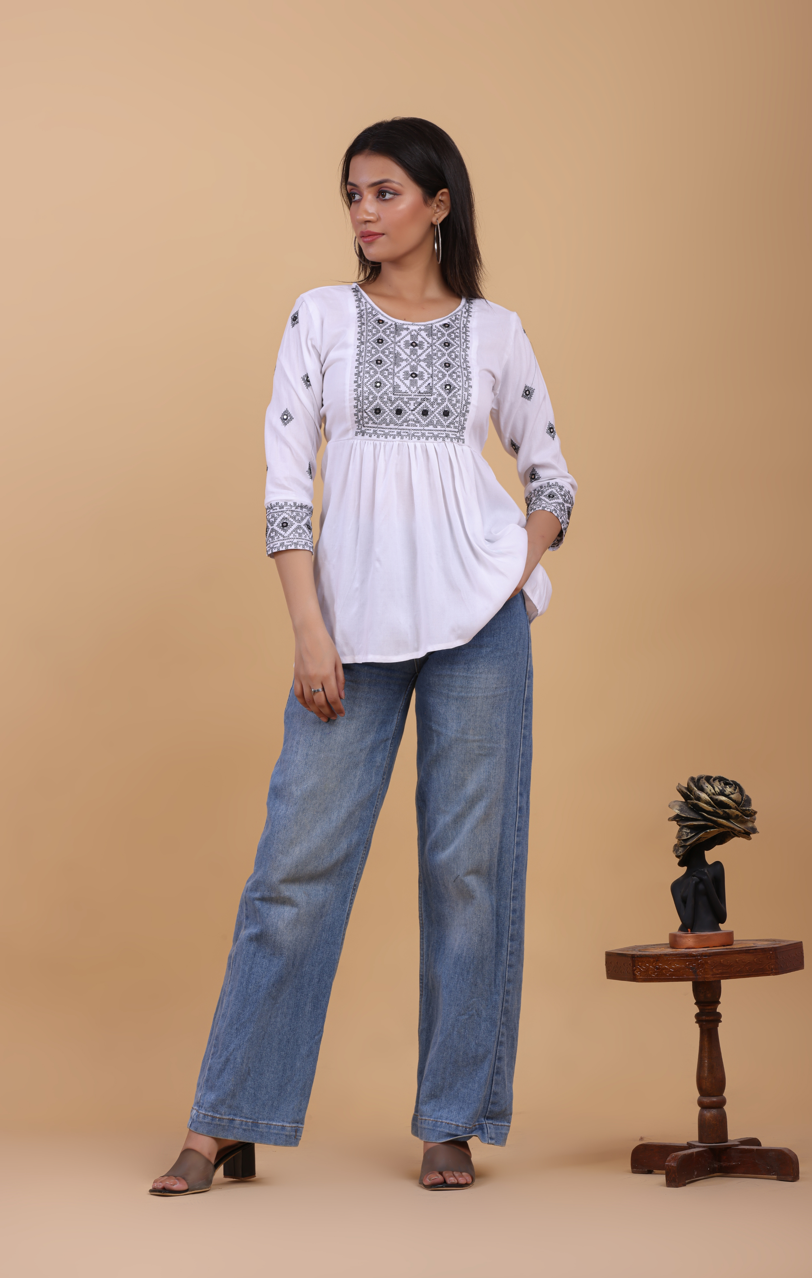 White Cotton Embroidered Boho Kurti Top for Women | Elegant Daily & Office Wear | Soft & Flowy Fit