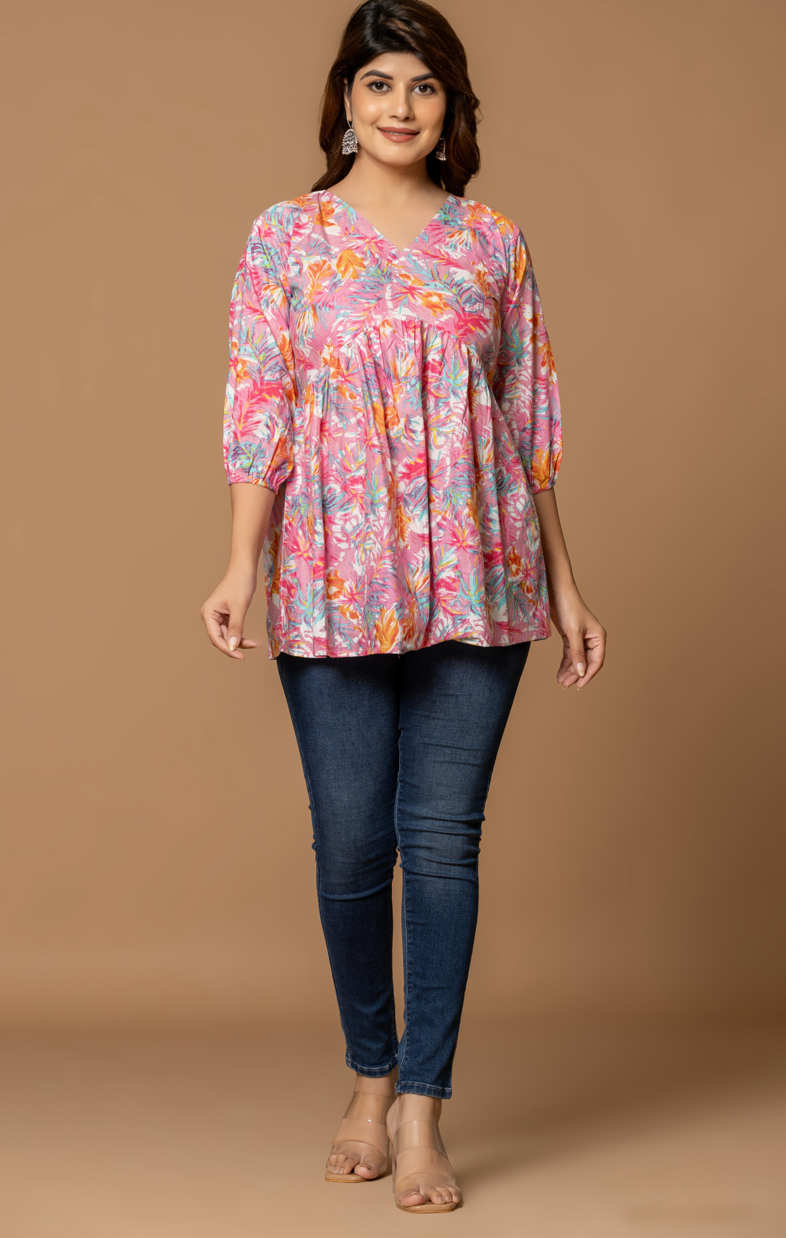 Pink Multi-Color Floral Printed Cotton A-Line Kurti Top for Women | Soft Daily Wear | Comfortable Flowy Fit