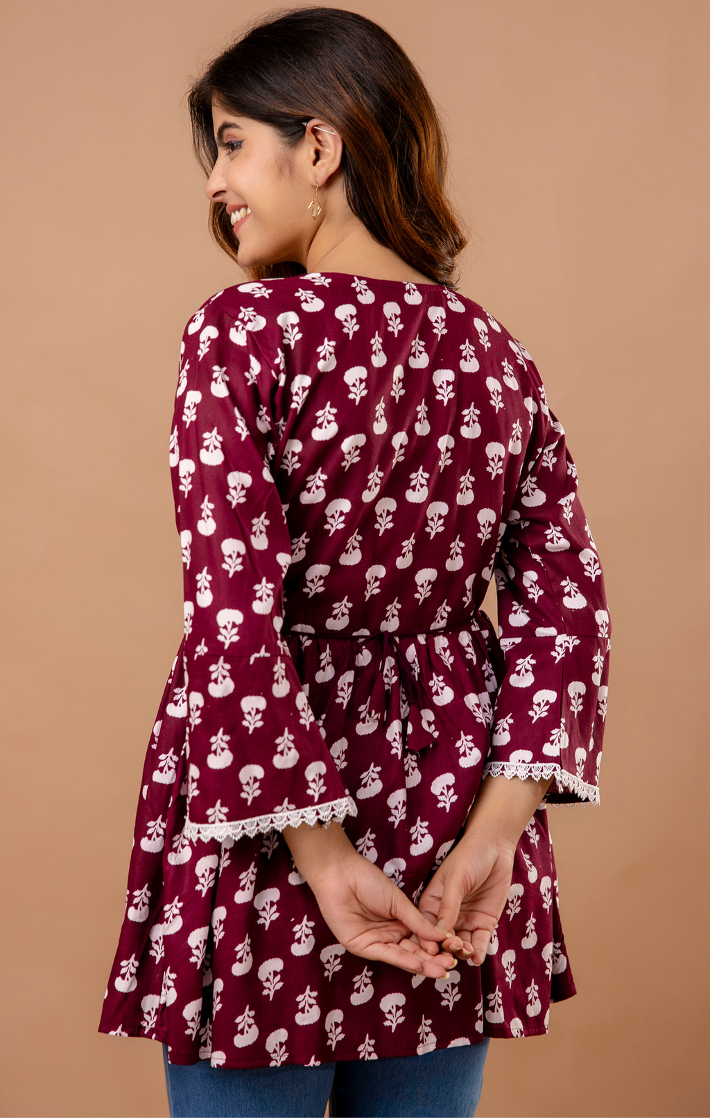 Maroon Wrap-Style Printed Cotton Kurti Top for Women | Elegant Daily Wear | Comfortable A-Line Fit
