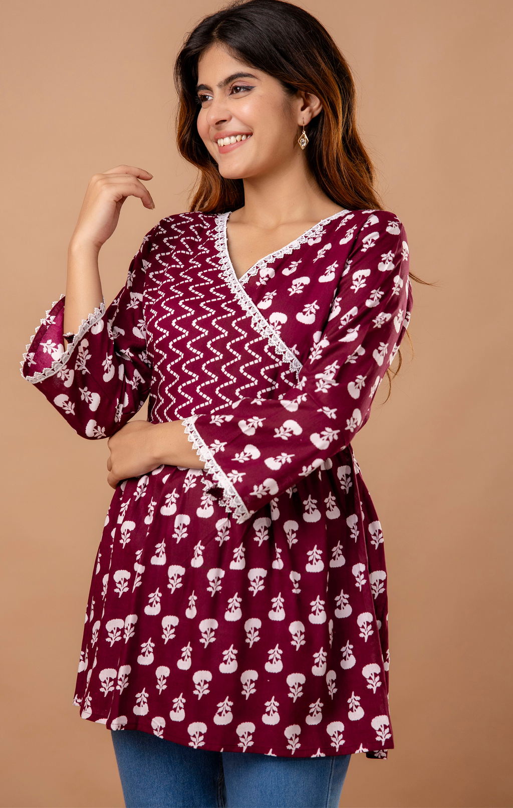 Maroon Wrap-Style Printed Cotton Kurti Top for Women | Elegant Daily Wear | Comfortable A-Line Fit