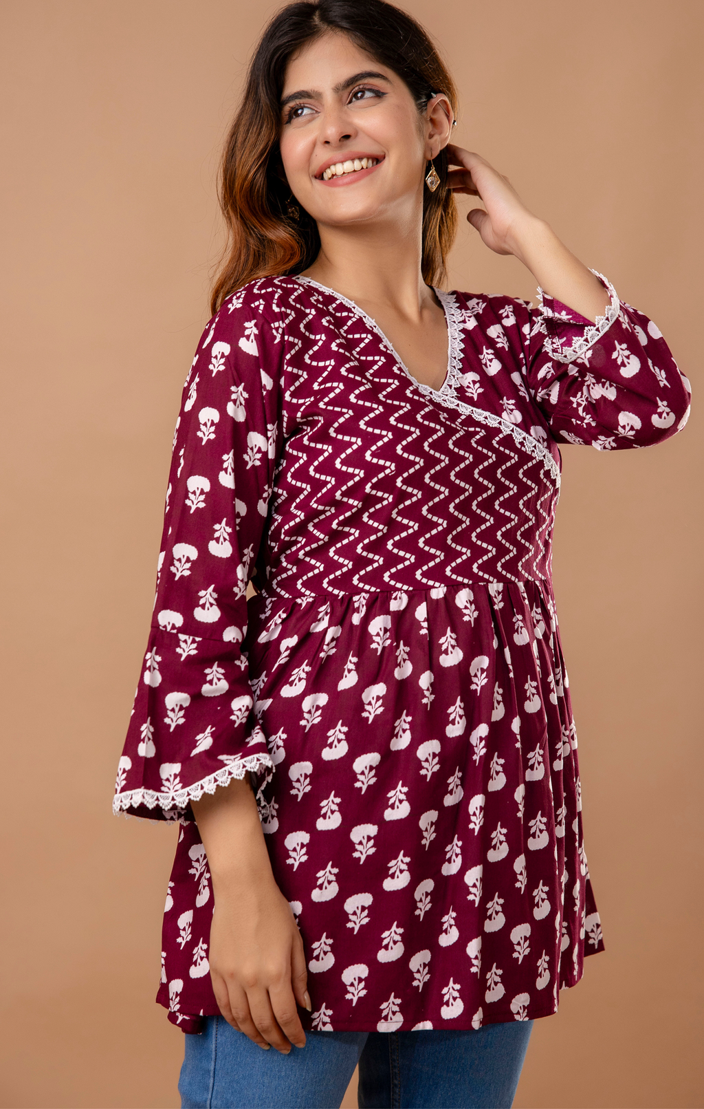Maroon Wrap-Style Printed Cotton Kurti Top for Women | Elegant Daily Wear | Comfortable A-Line Fit
