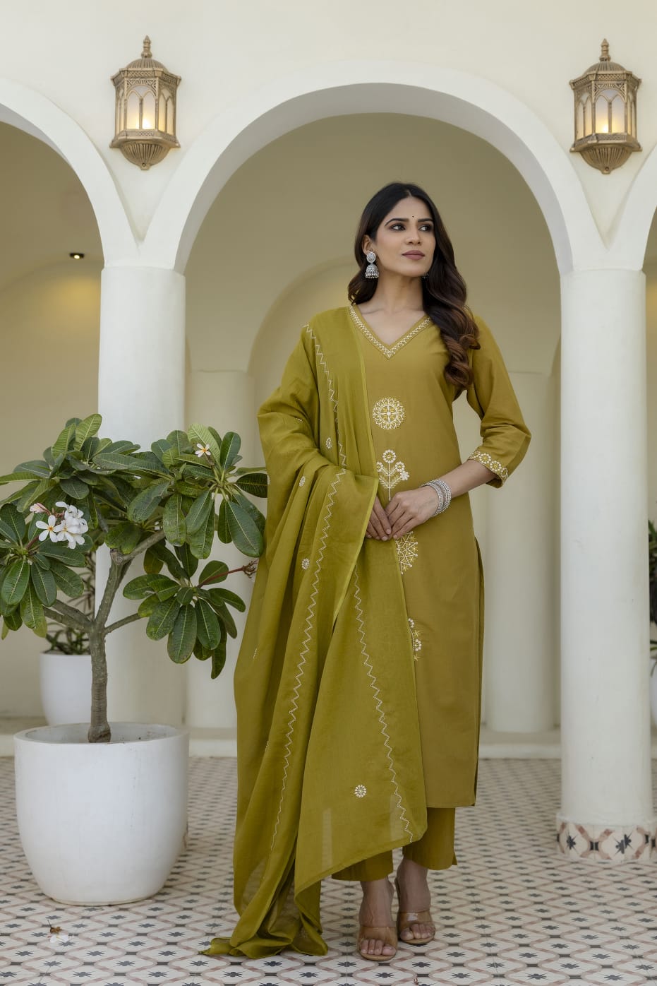 Mustard Yellow Embroidered Cotton Kurta Set with Dupatta – Elegant Festive & Traditional Wear for Women