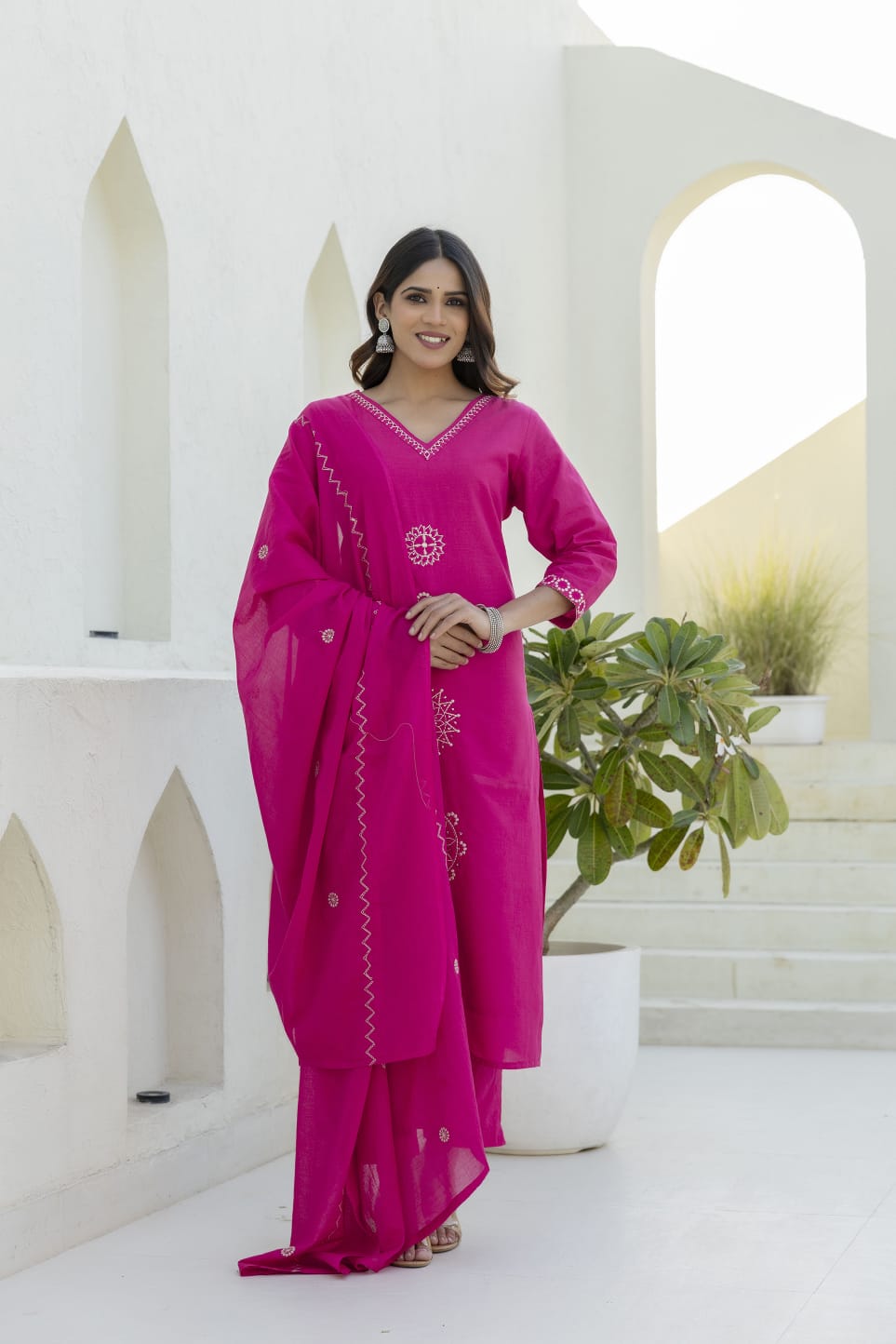 Rani Pink Embroidered Cotton Kurta Set with Dupatta – Festive, Ethnic & Elegant Women’s Wear