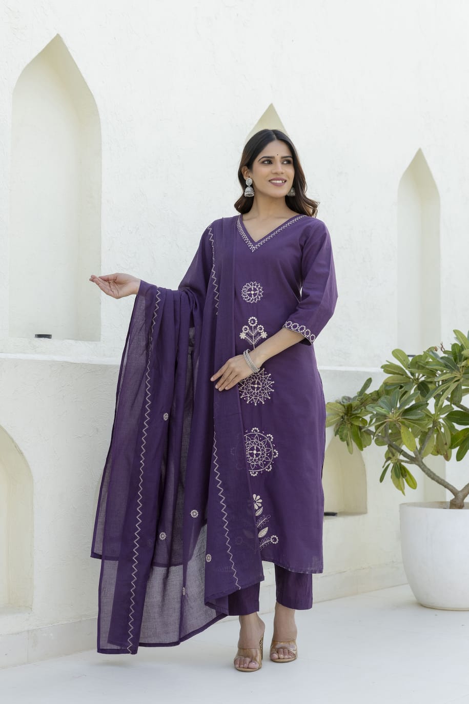 Deep Purple Embroidered Cotton Kurta Set with Dupatta – Elegant Festive & Traditional Wear for Women