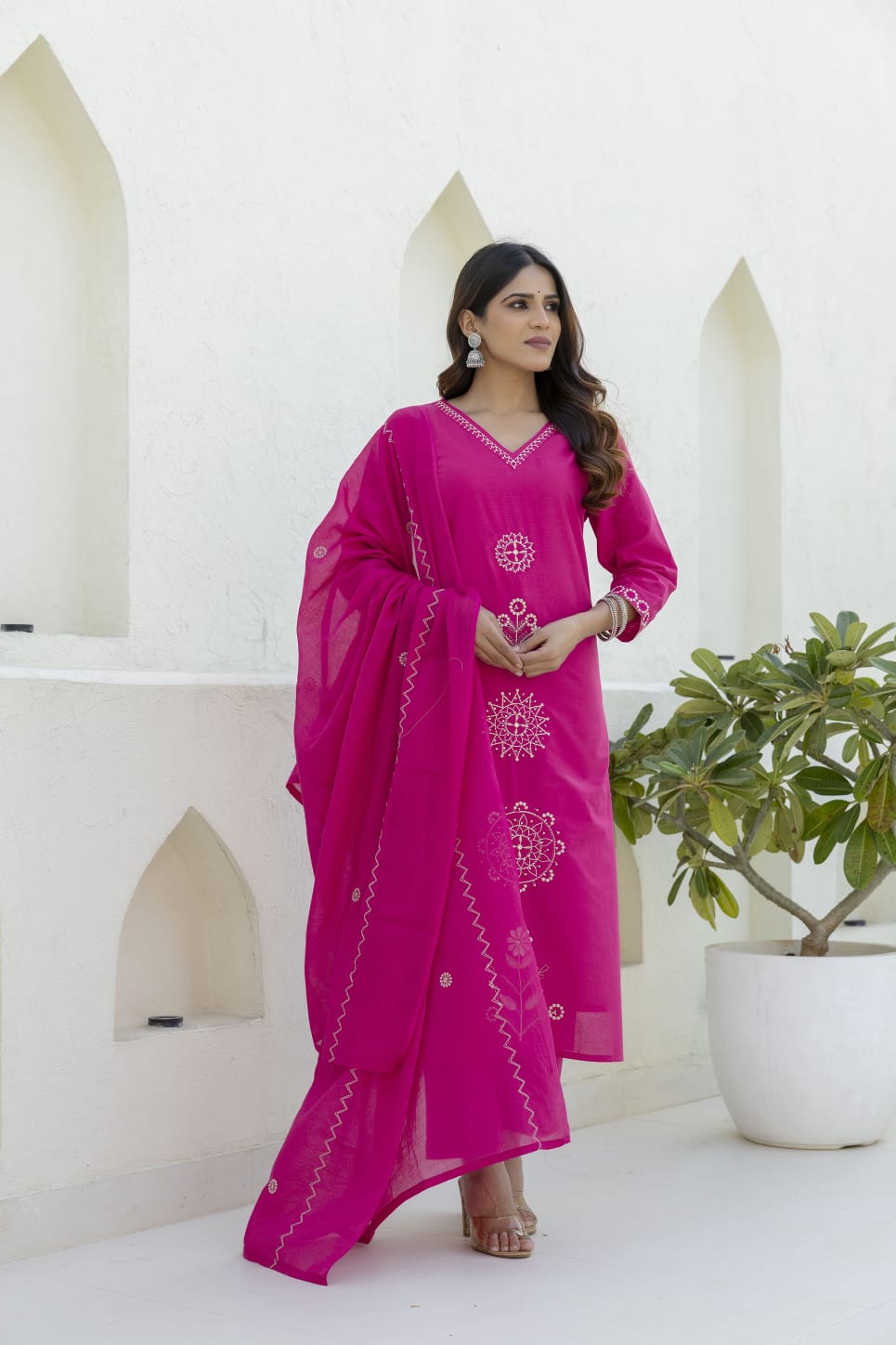 Rani Pink Embroidered Cotton Kurta Set with Dupatta – Festive, Ethnic & Elegant Women’s Wear