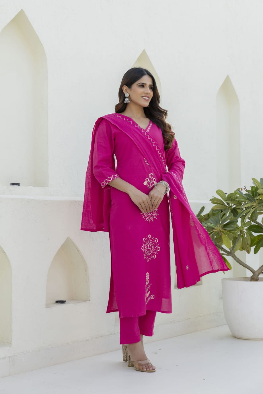 Rani Pink Embroidered Cotton Kurta Set with Dupatta – Festive, Ethnic & Elegant Women’s Wear