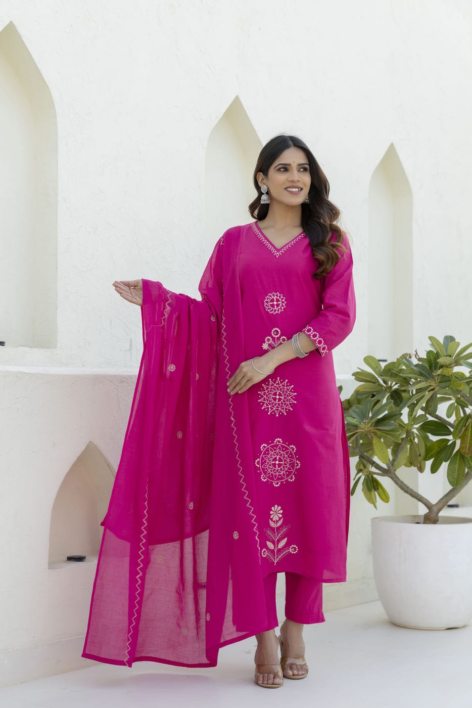 Rani Pink Embroidered Cotton Kurta Set with Dupatta – Festive, Ethnic & Elegant Women’s Wear