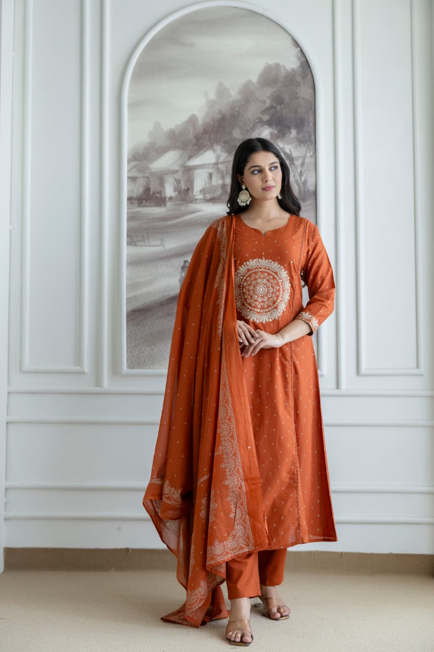 Rust Orange Embroidered Cotton Kurta Set with Dupatta – Elegant Festive & Ethnic Wear for Women