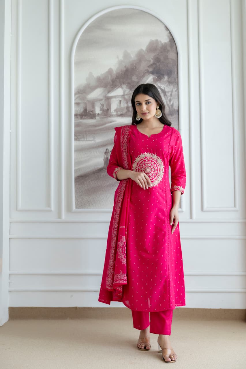 Rani Pink Embroidered Cotton Kurta Set with Dupatta – Elegant Festive & Traditional Wear for Women