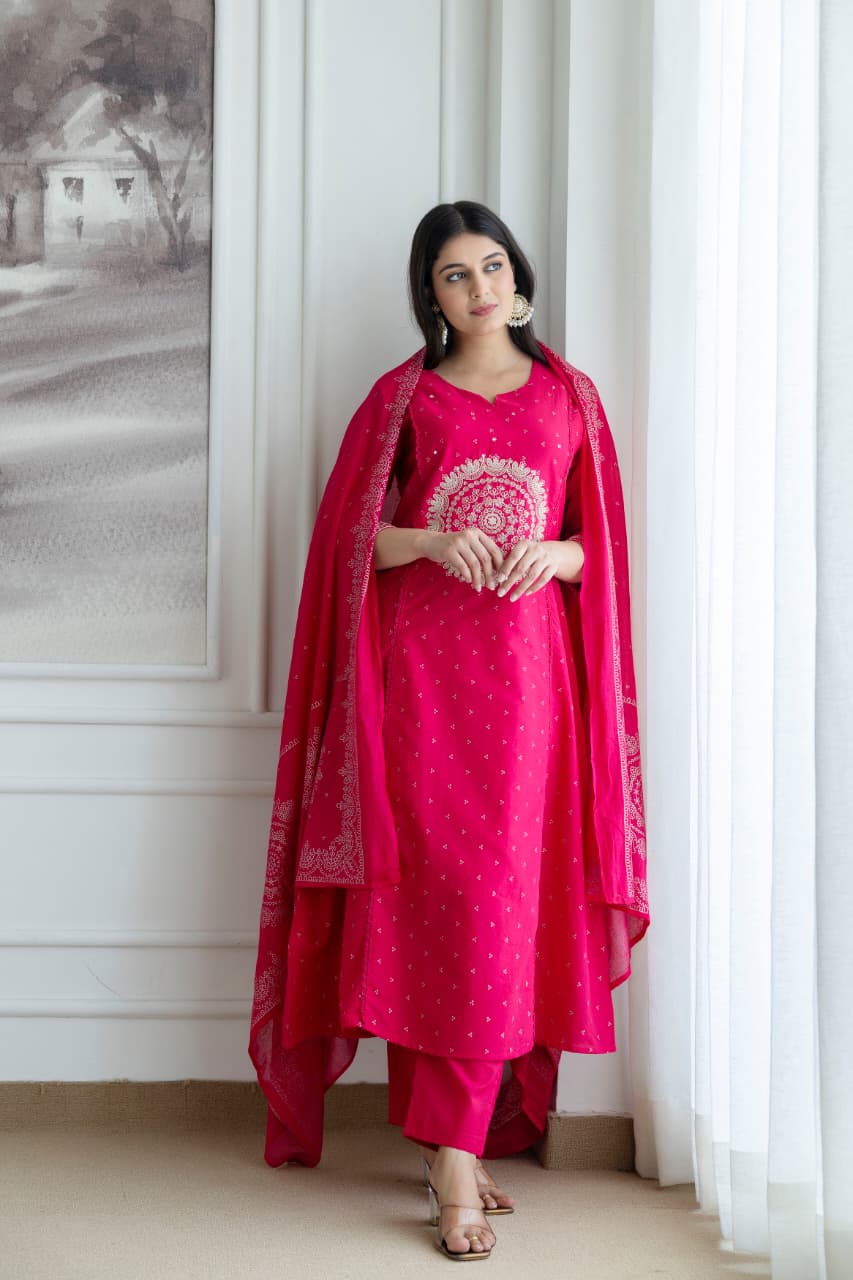 Rani Pink Embroidered Cotton Kurta Set with Dupatta – Elegant Festive & Traditional Wear for Women