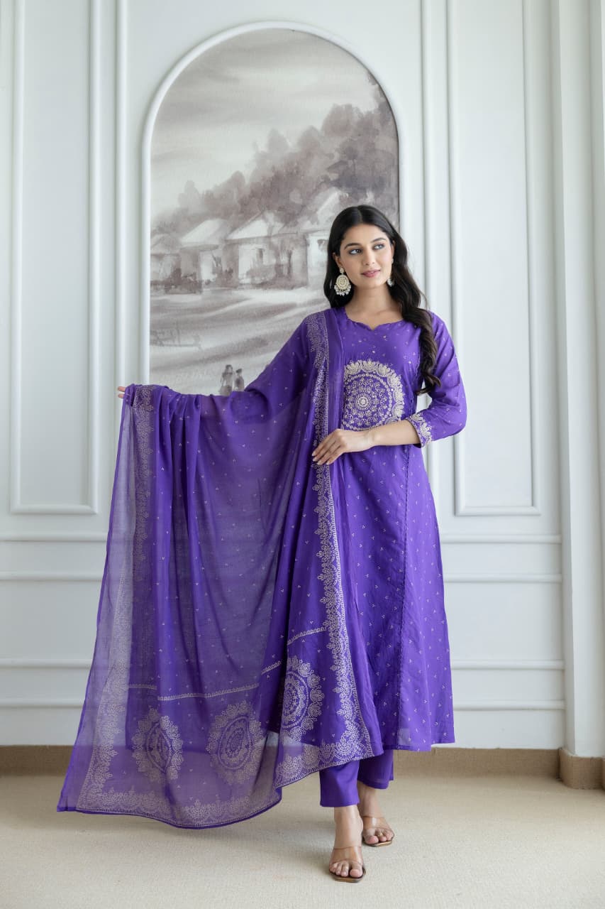 Purple Embroidered Cotton Kurta Set with Dupatta – Elegant Festive & Traditional Wear for Women