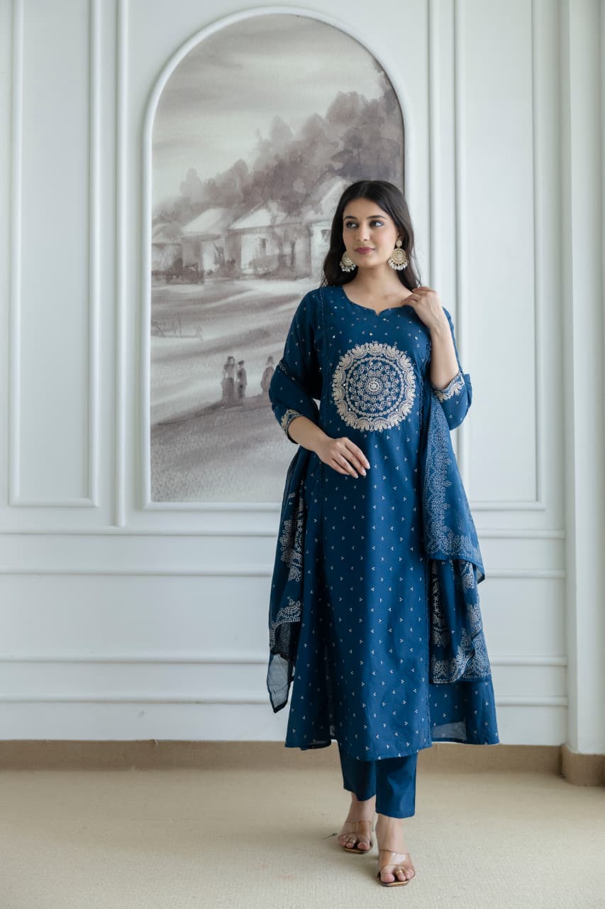 Navy Blue Embroidered Cotton Kurta Set with Dupatta – Elegant Festive & Traditional Wear for Women