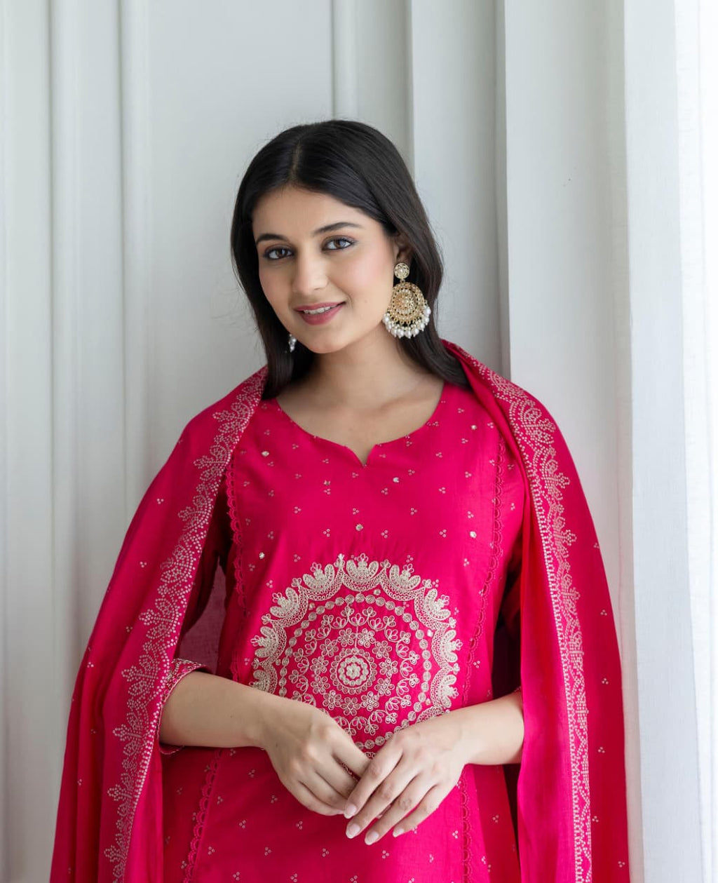 Rani Pink Embroidered Cotton Kurta Set with Dupatta – Elegant Festive & Traditional Wear for Women