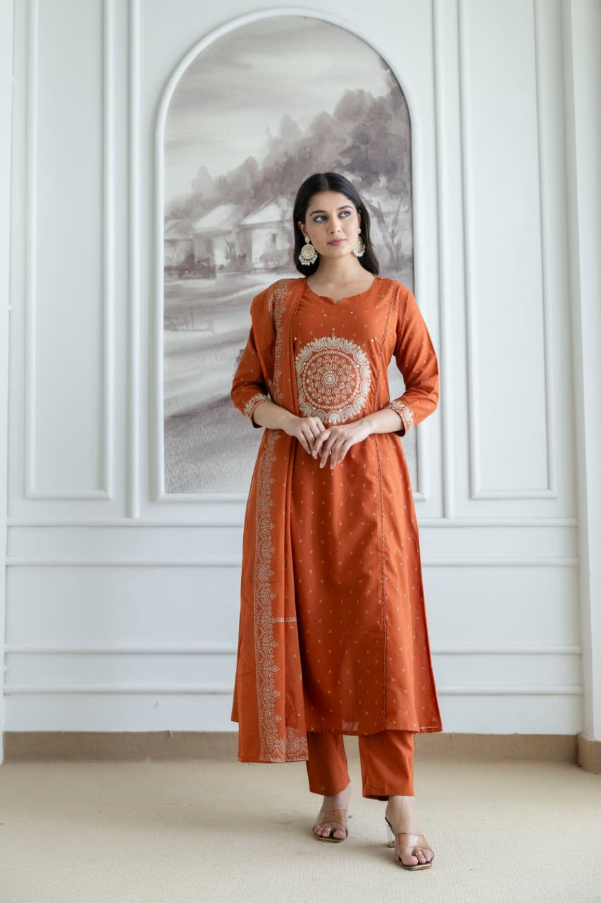 Rust Orange Embroidered Cotton Kurta Set with Dupatta – Elegant Festive & Ethnic Wear for Women