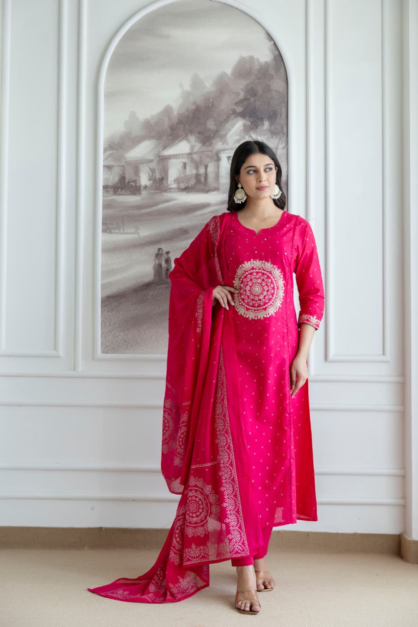 Rani Pink Embroidered Cotton Kurta Set with Dupatta – Elegant Festive & Traditional Wear for Women