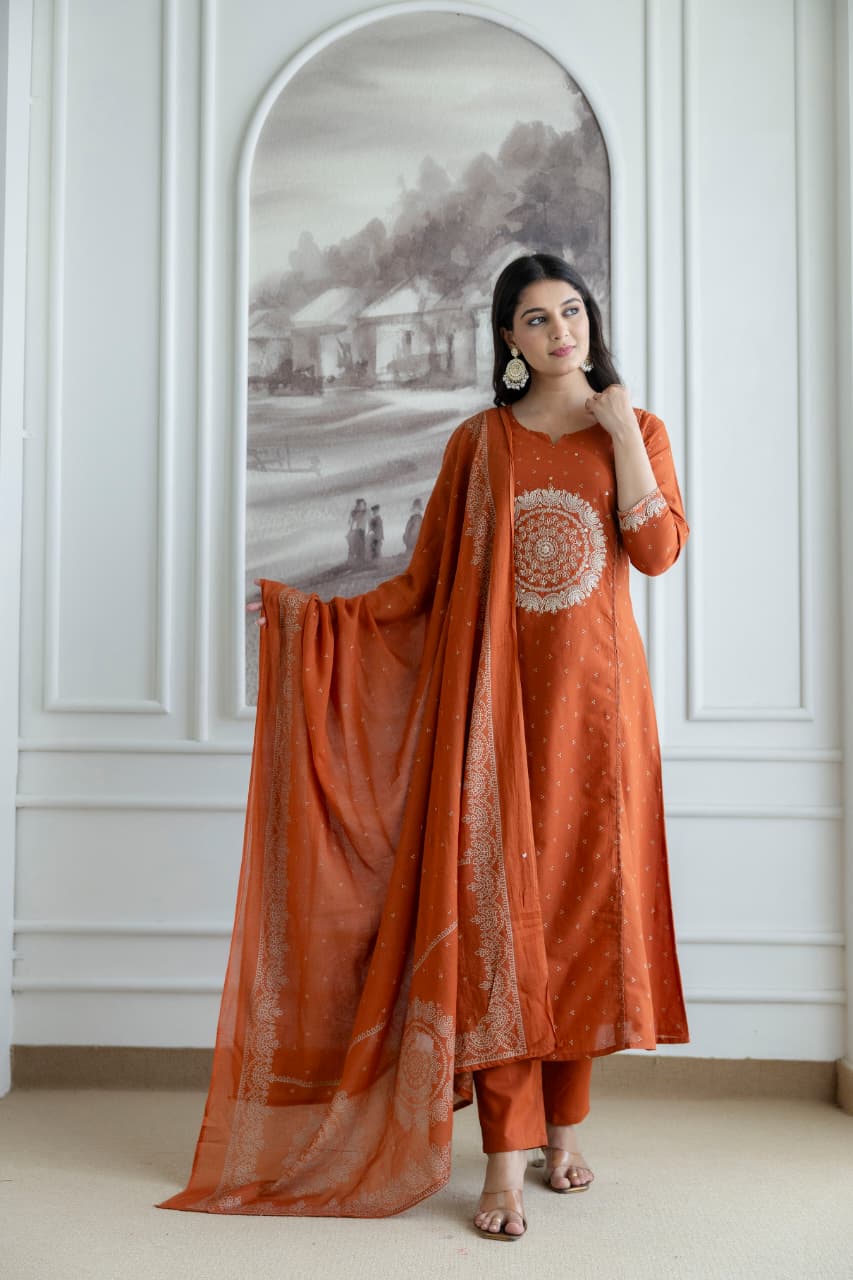 Rust Orange Embroidered Cotton Kurta Set with Dupatta – Elegant Festive & Ethnic Wear for Women
