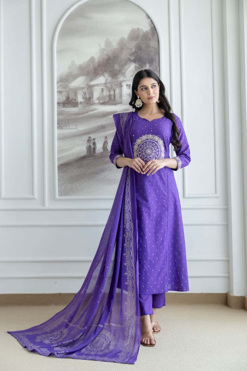 Purple Embroidered Cotton Kurta Set with Dupatta – Elegant Festive & Traditional Wear for Women