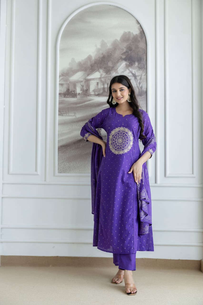 Purple Embroidered Cotton Kurta Set with Dupatta – Elegant Festive & Traditional Wear for Women
