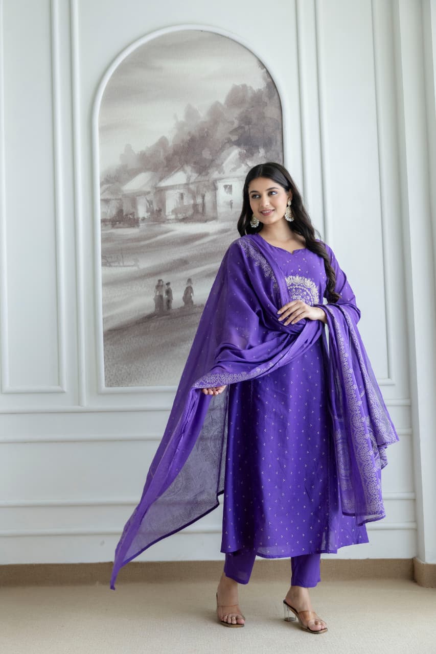 Purple Embroidered Cotton Kurta Set with Dupatta – Elegant Festive & Traditional Wear for Women
