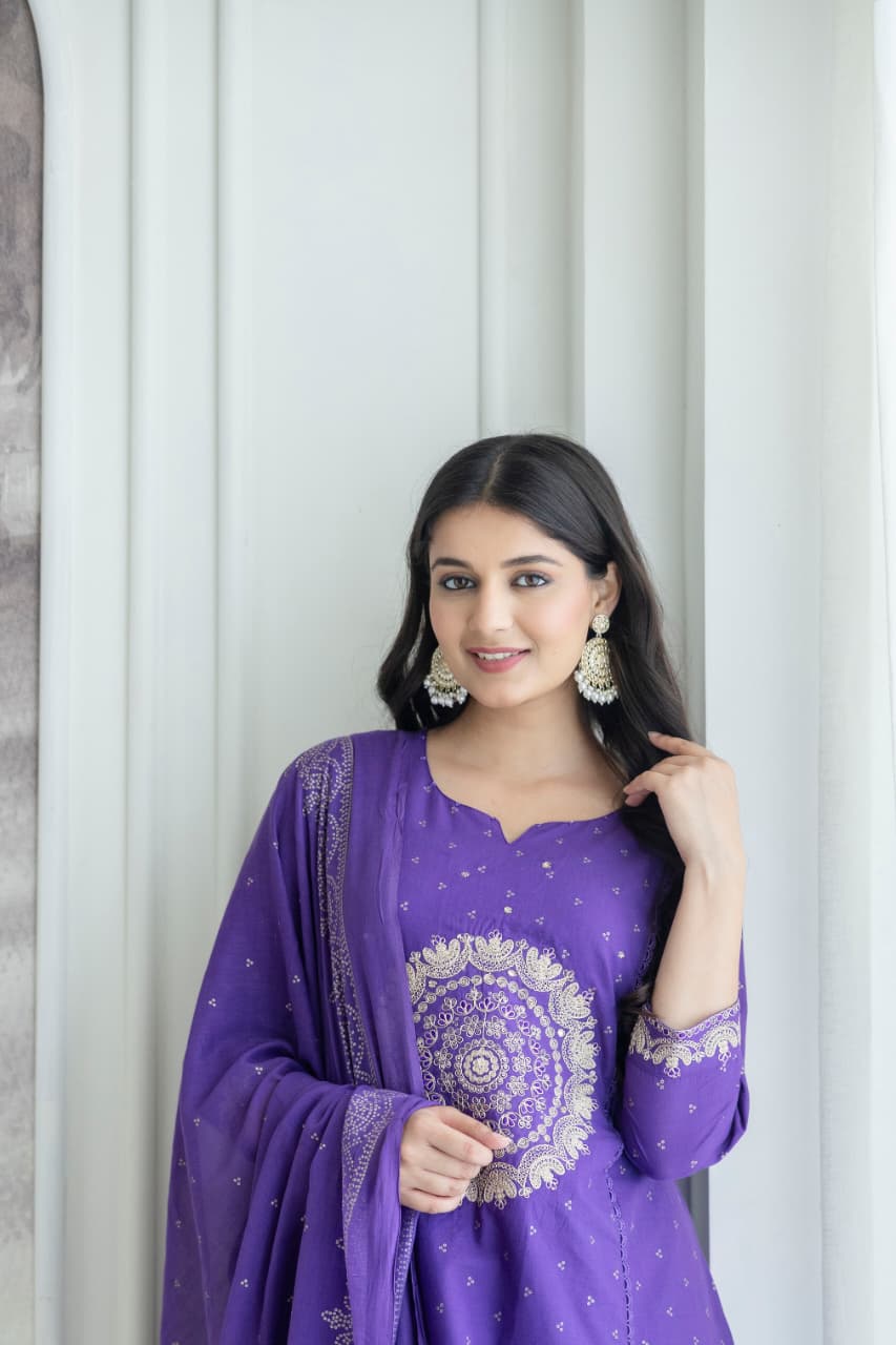 Purple Embroidered Cotton Kurta Set with Dupatta – Elegant Festive & Traditional Wear for Women