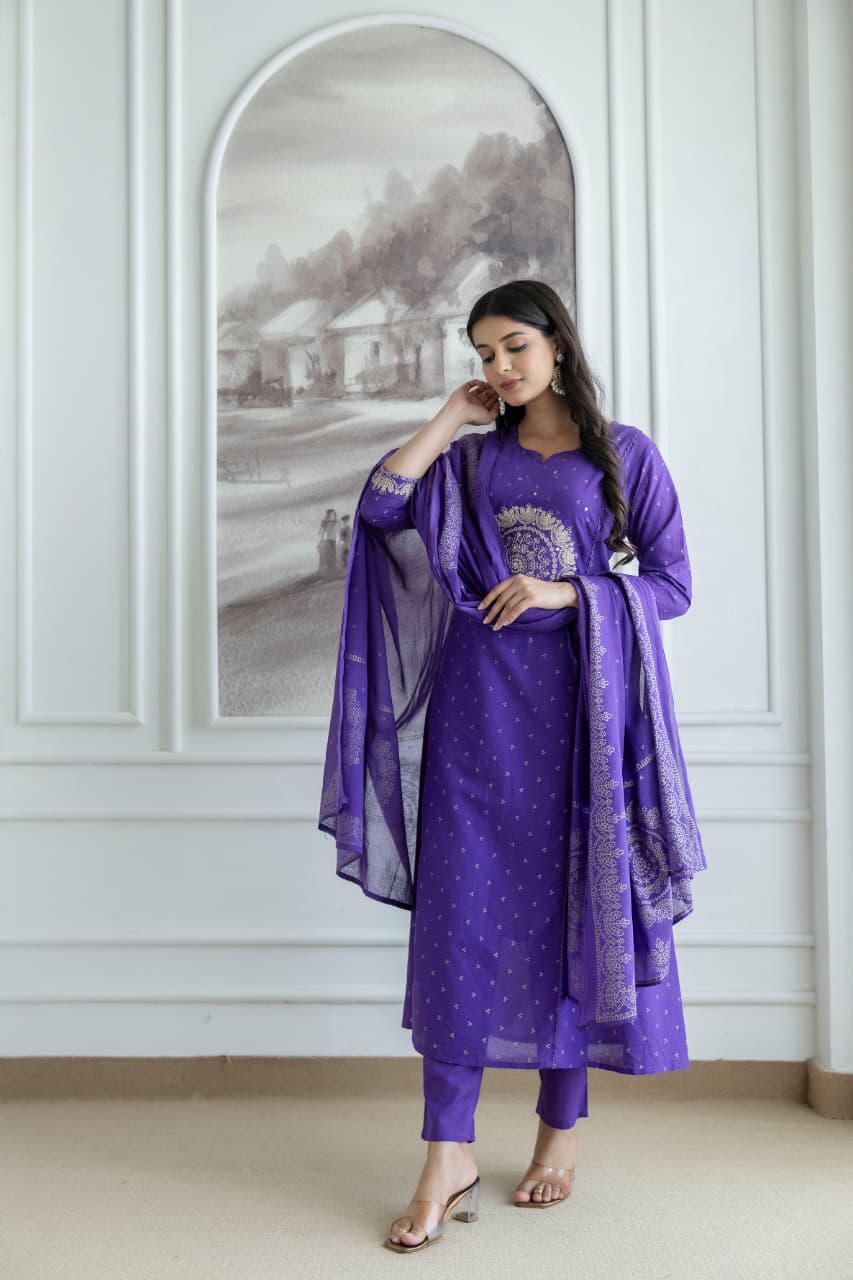 Purple Embroidered Cotton Kurta Set with Dupatta – Elegant Festive & Traditional Wear for Women