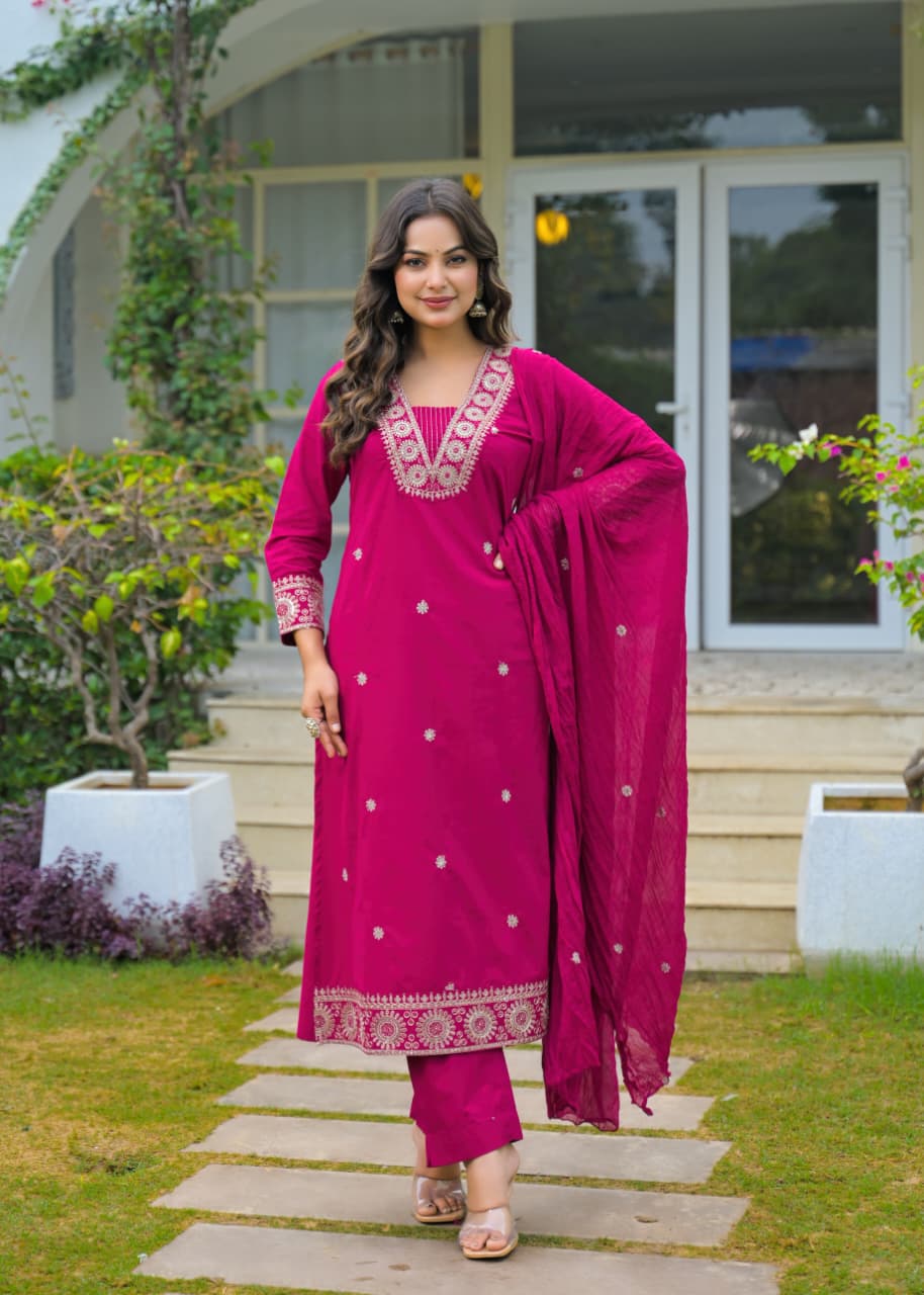Magenta Pink Embroidered Cotton Kurta Set with Dupatta – Elegant Festive Wear for Women