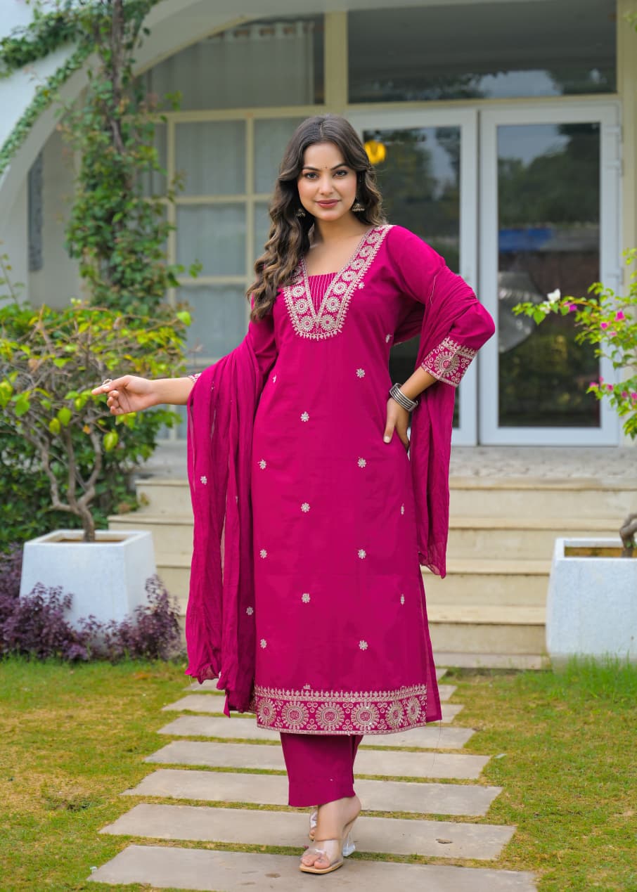 Magenta Pink Embroidered Cotton Kurta Set with Dupatta – Elegant Festive Wear for Women
