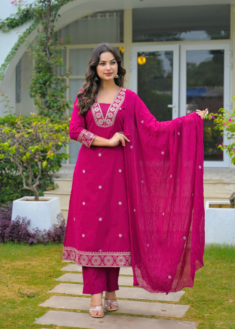 Magenta Pink Embroidered Cotton Kurta Set with Dupatta – Elegant Festive Wear for Women
